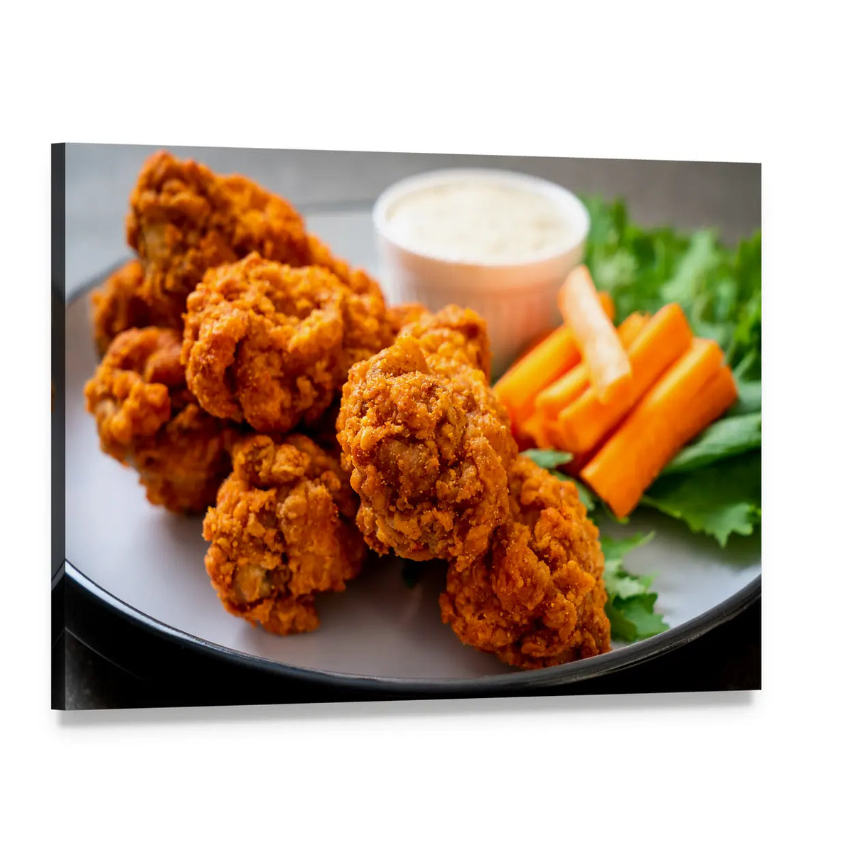 Crispy Chicken Wings with Dipping Sauce Canvas Wall Art, single panel gallery wrapped canvas, angled product view