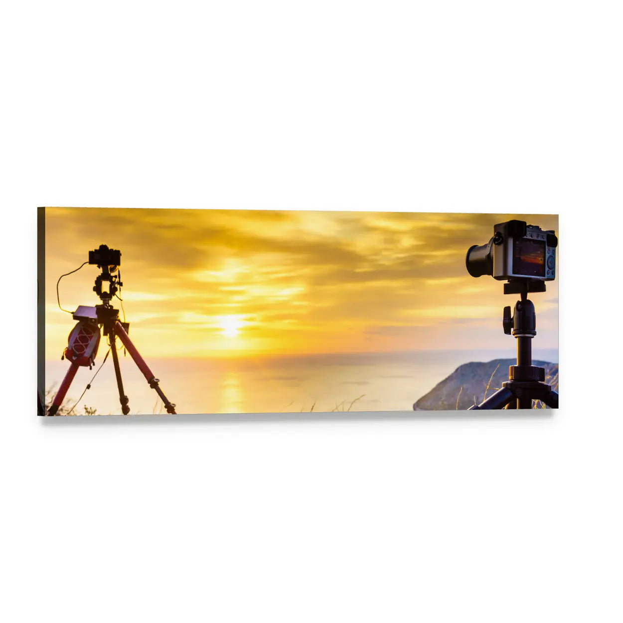 Photography Gear at Golden Hour Panoramic Canvas Wall Art, single panel gallery wrapped canvas, angled product view
