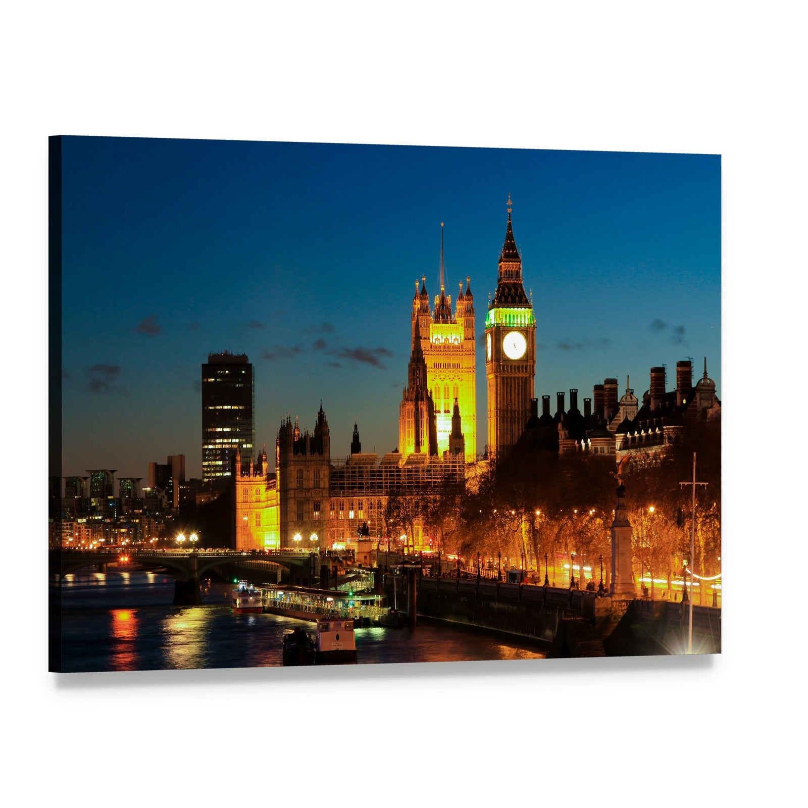Twilight Big Ben and Thames Reflections Canvas Wall Art, single panel gallery wrapped canvas, angled product view