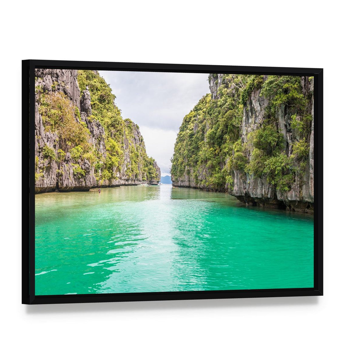 Big Lagoon Philippines Tropical Bay Canvas Wall Art, framed canvas in a black floater frame, angled product view
