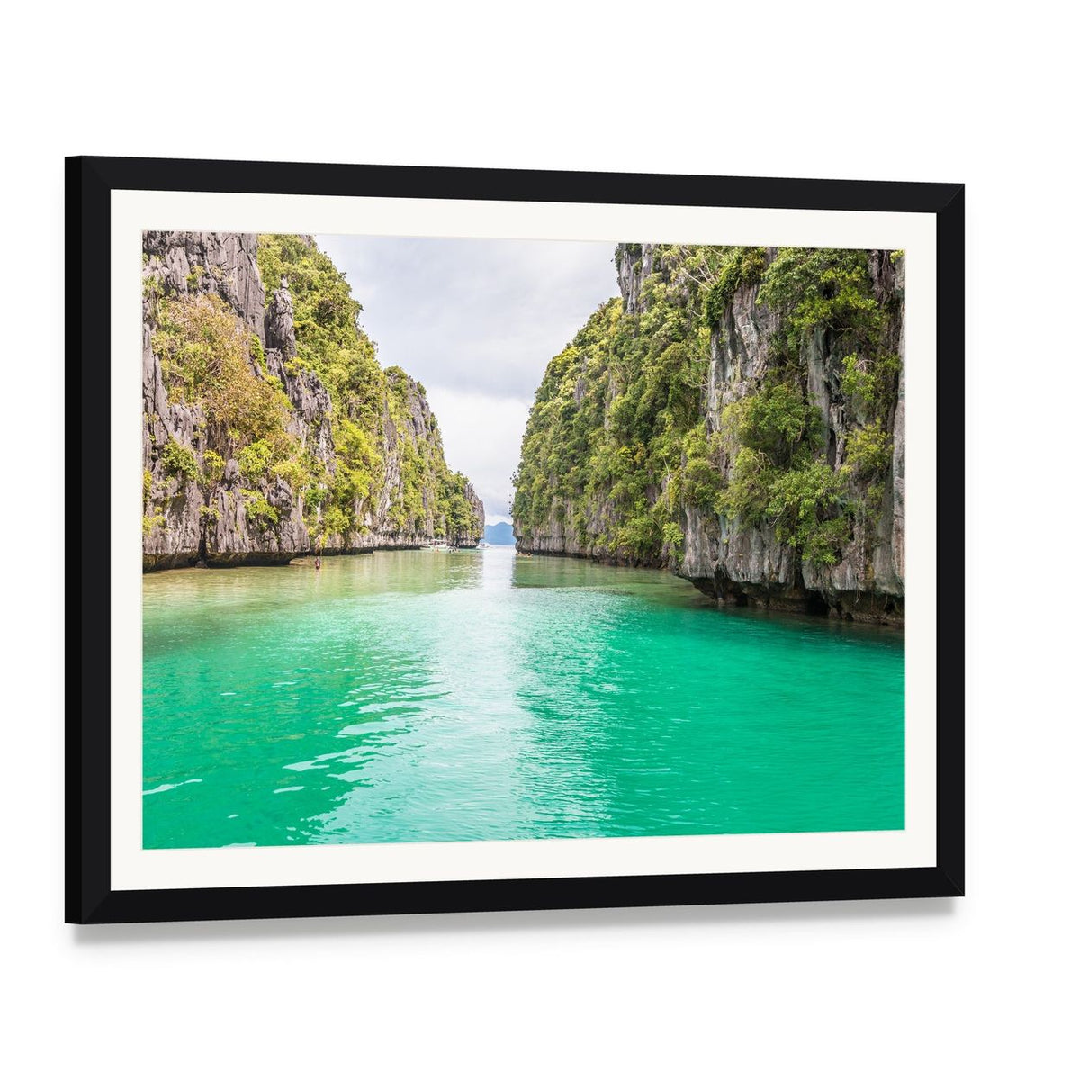 Big Lagoon Philippines Tropical Bay Canvas Wall Art, framed print with white mat and black frame, angled product view