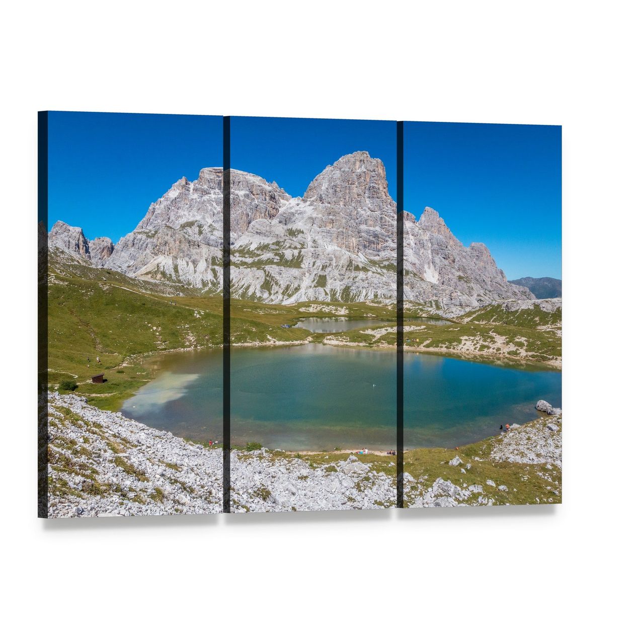 Tre Cime Lake in Dolomites Canvas Wall Art, 3 panel 3 Horizontal layout gallery wrapped canvas set, angled product view
