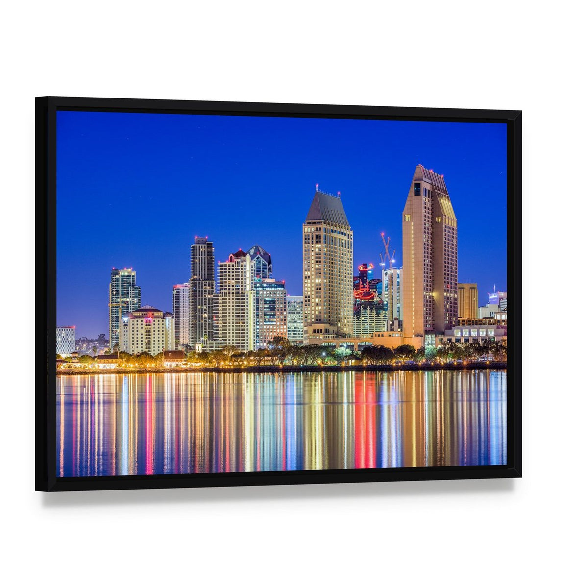 San Diego Downtown Night Skyline Canvas Wall Art, framed canvas in a black floater frame, angled product view