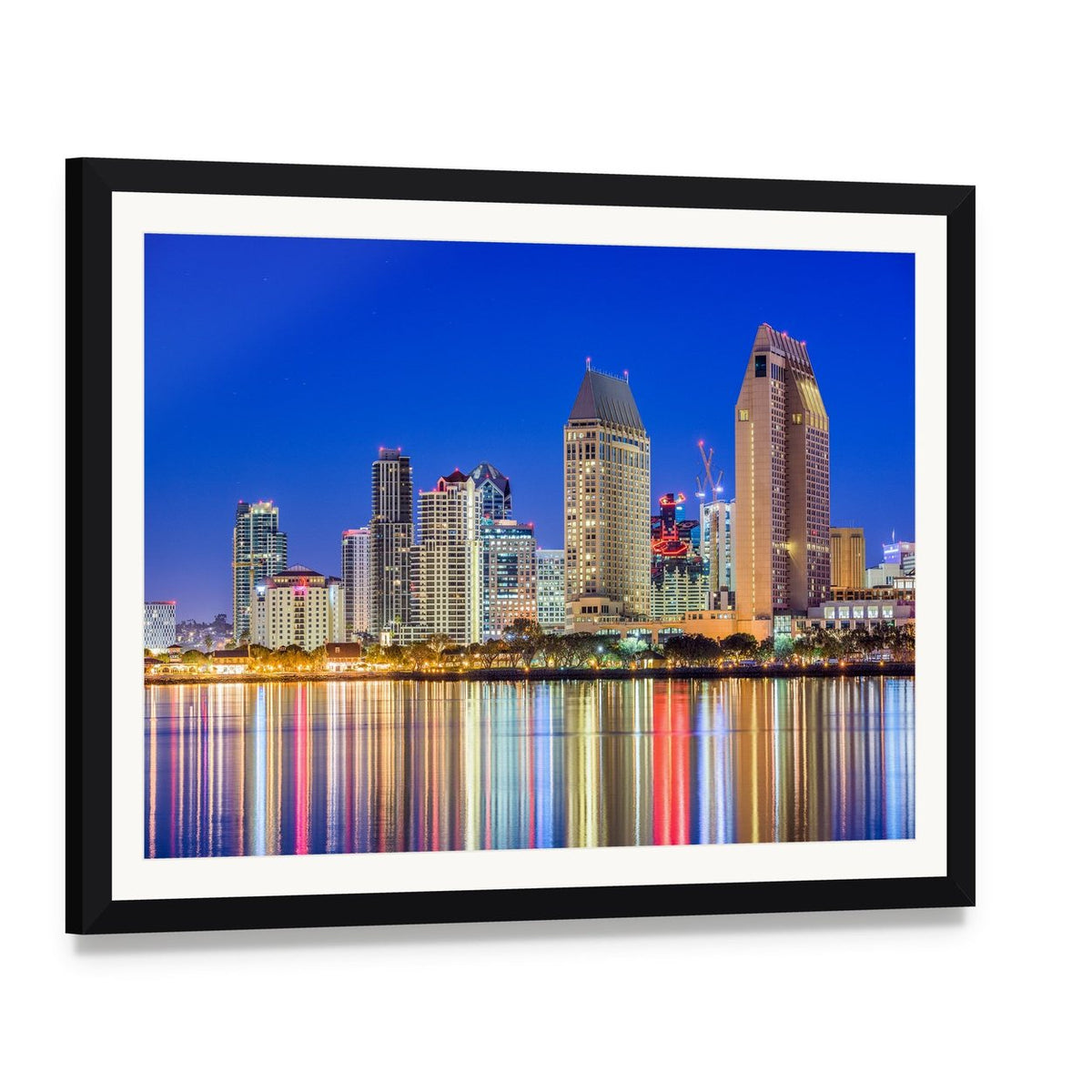San Diego Downtown Night Skyline Canvas Wall Art, framed print with white mat and black frame, angled product view