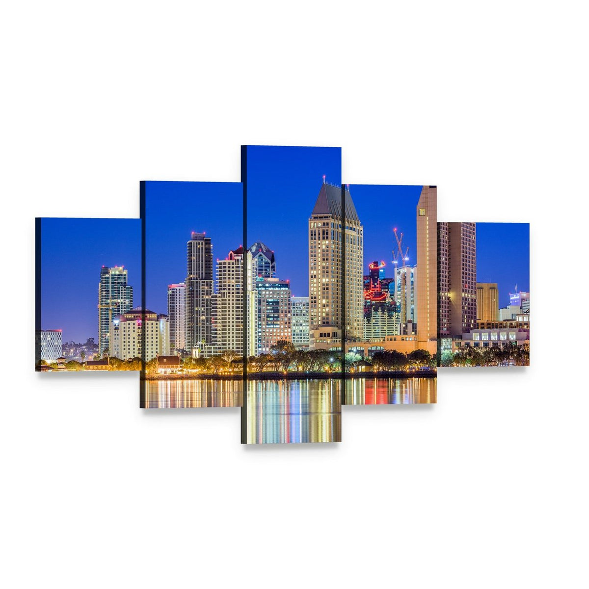 San Diego Downtown Night Skyline Canvas Wall Art, 5 panel 5 Star layout gallery wrapped canvas set, angled product view