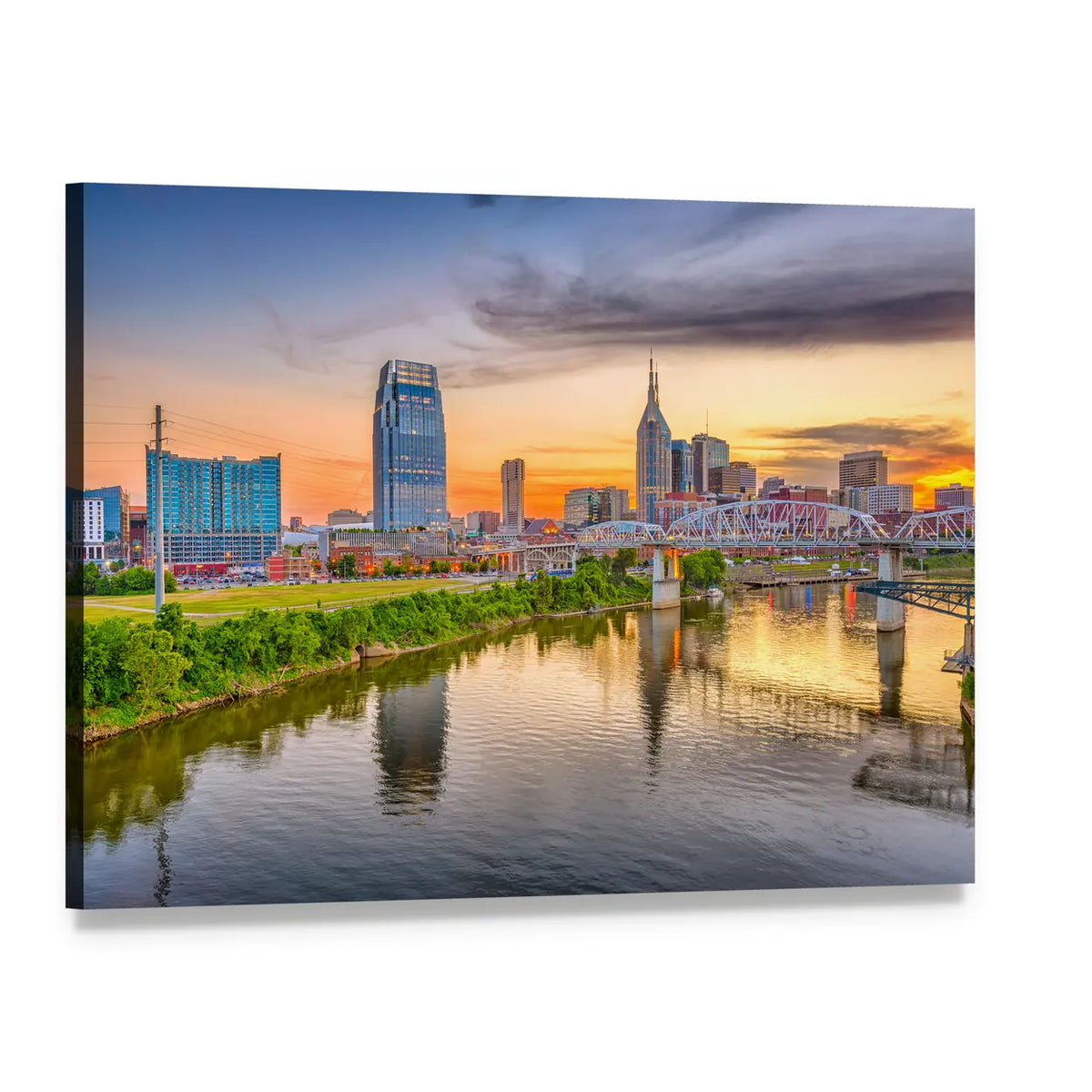 Nashville Riverfront Skyline at Golden Hour Canvas Wall Art, single panel gallery wrapped canvas, angled product view