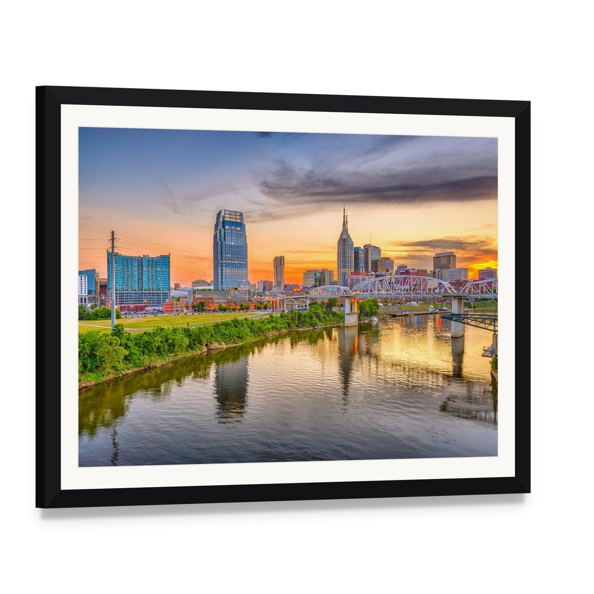Nashville Downtown Skyline Canvas Wall Art, framed print with white mat and black frame, angled product view
