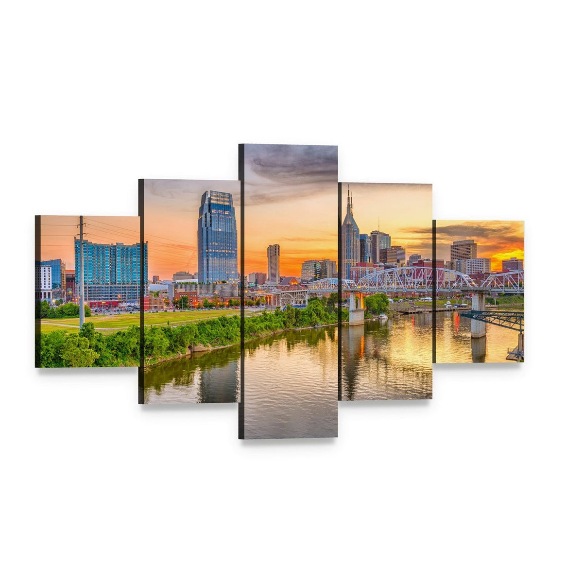Nashville Downtown Skyline Canvas Wall Art, 5 panel 5 Star layout gallery wrapped canvas set, angled product view