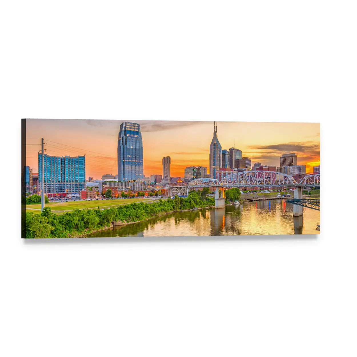 Nashville Skyline at Golden Hour Panoramic Canvas Wall Art, single panel gallery wrapped canvas, angled product view