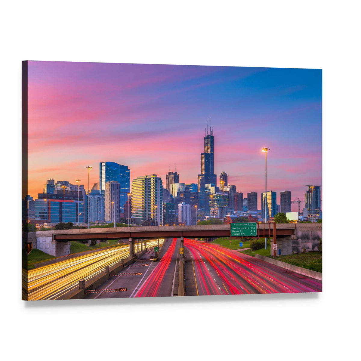Illinois Downtown Skyline Canvas Wall Art, single panel gallery wrapped canvas, angled product view