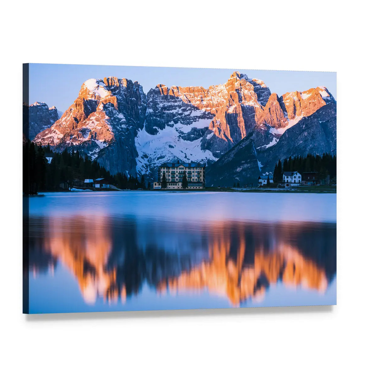 Sunrise Over Misurina Lake, Dolomites Canvas Wall Art, single panel gallery wrapped canvas, angled product view