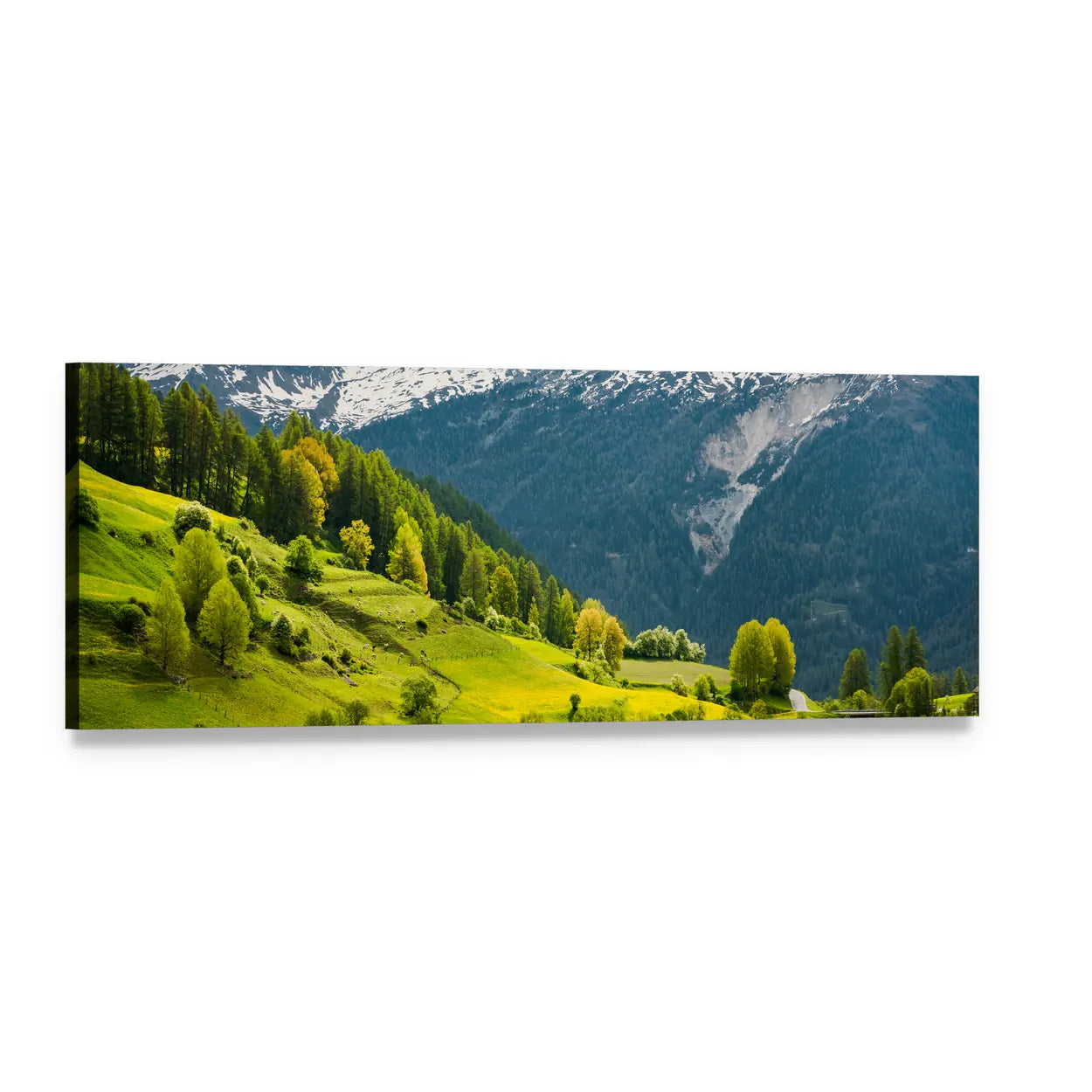 Alpine Summer in Switzerland Panoramic Canvas Wall Art, single panel gallery wrapped canvas, angled product view