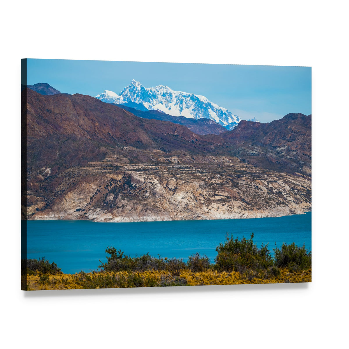 Patagonian Mountains with Turquoise Lake Canvas Wall Art, single panel gallery wrapped canvas, angled product view