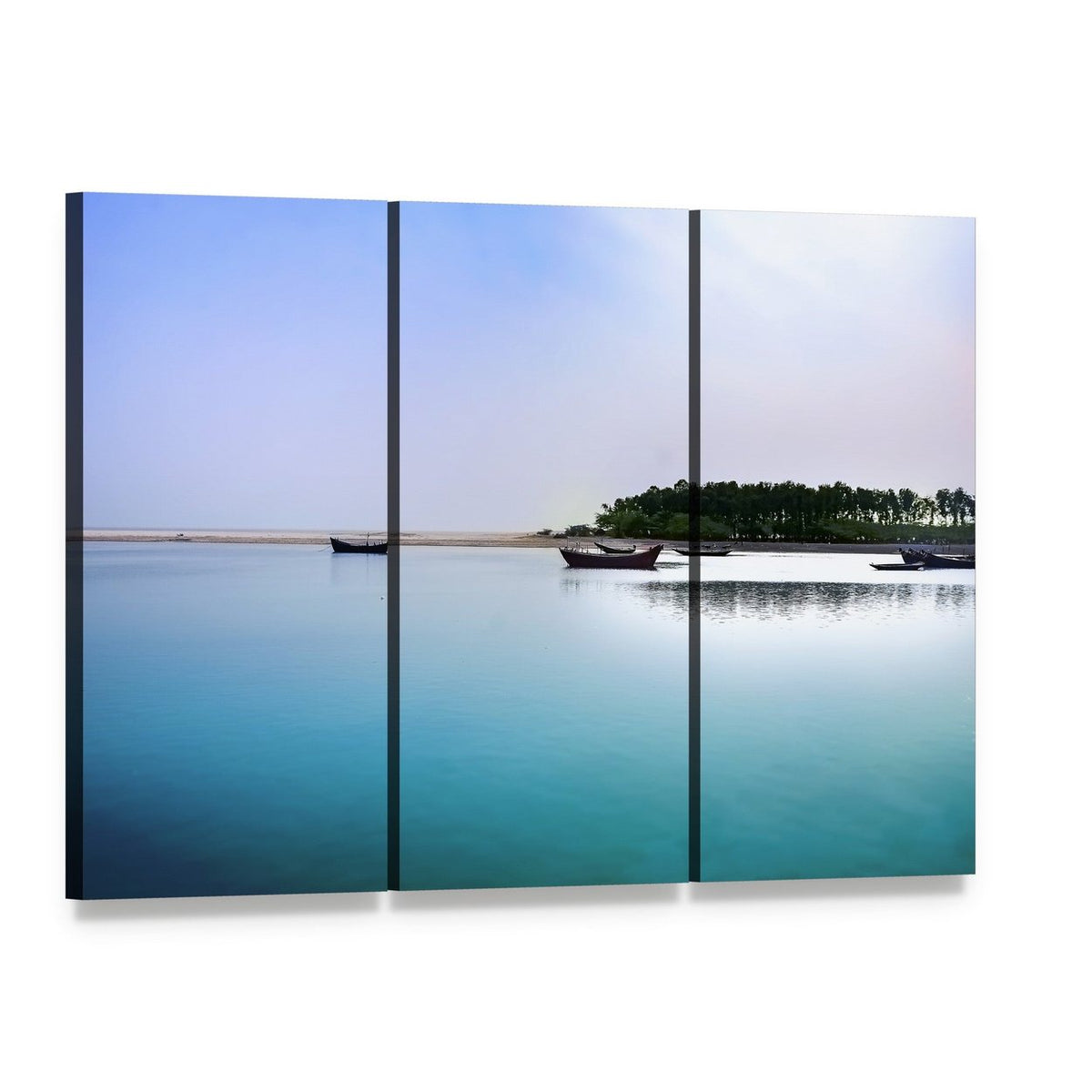 Three Boats at East Coast India Beach Canvas Wall Art, 3 panel 3 Horizontal layout gallery wrapped canvas set, angled product view