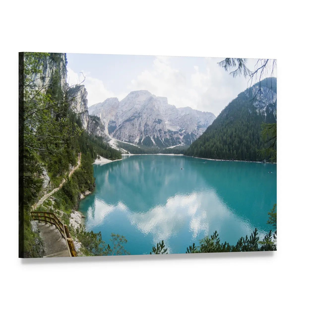 Braies Lake with Turquoise Water Canvas Wall Art, single panel gallery wrapped canvas, angled product view