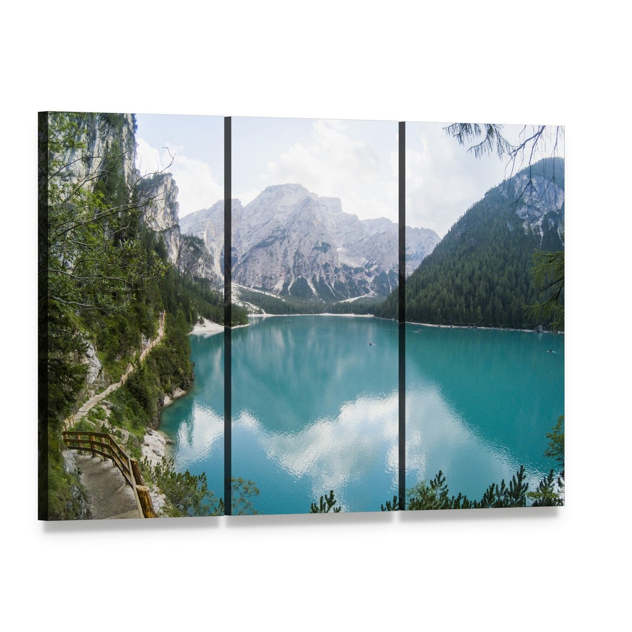 Braies Lake Reflections Canvas Wall Art, 3 panel 3 Horizontal layout gallery wrapped canvas set, angled product view
