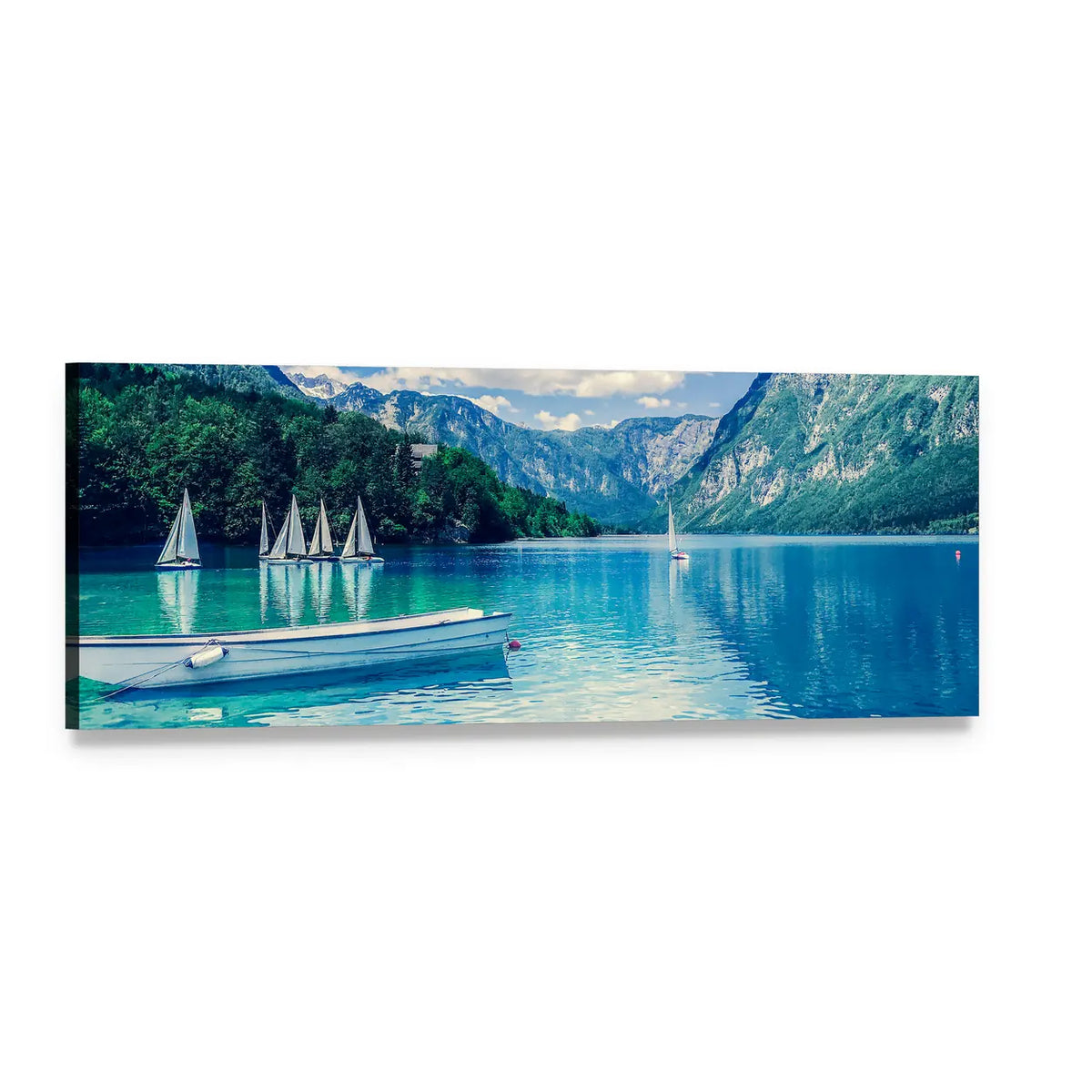 Alpine Lake with White Rowboat and Sailboats Panoramic Canvas Wall Art, single panel gallery wrapped canvas, angled product view