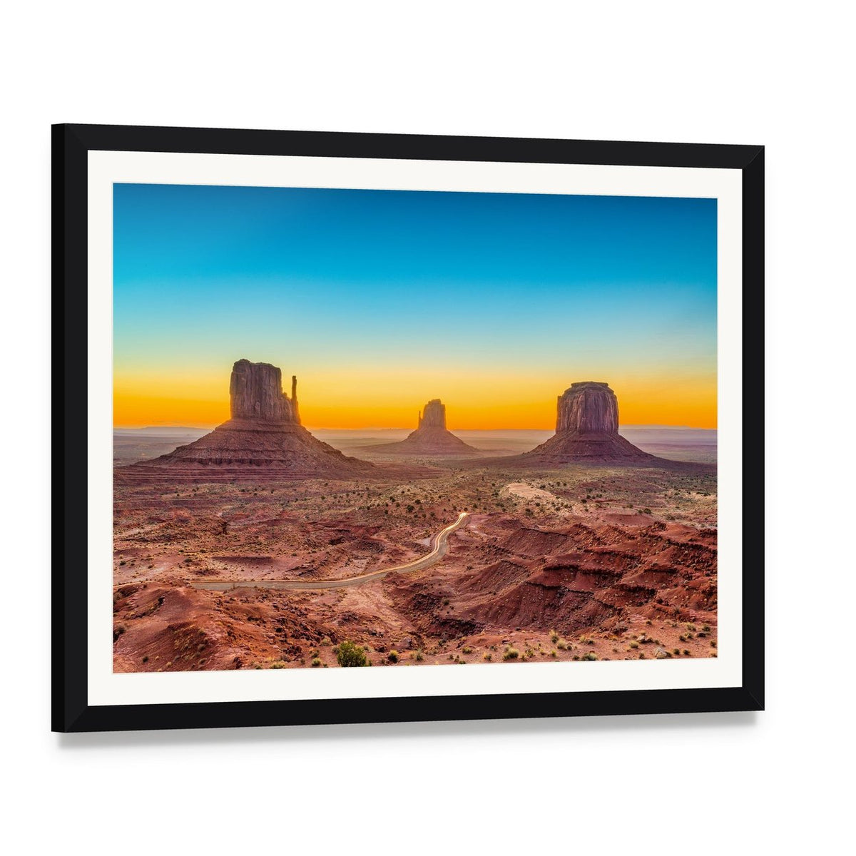 Monument Valley at Dawn Canvas Wall Art, framed print with white mat and black frame, angled product view