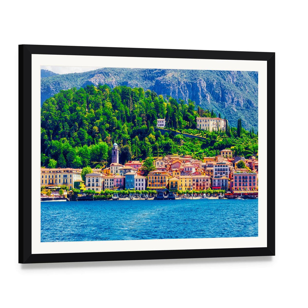 Bellagio Waterfront on Lake Como Canvas Wall Art, framed print with white mat and black frame, angled product view