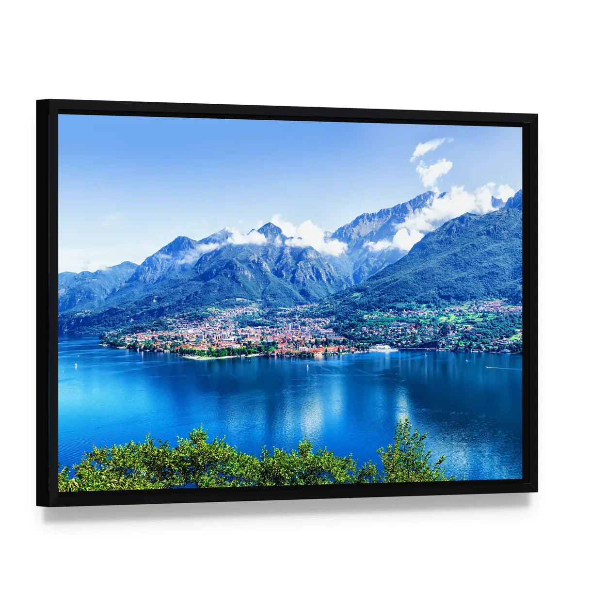 Lake Como Panorama Canvas Wall Art, framed canvas in a black floater frame, angled product view