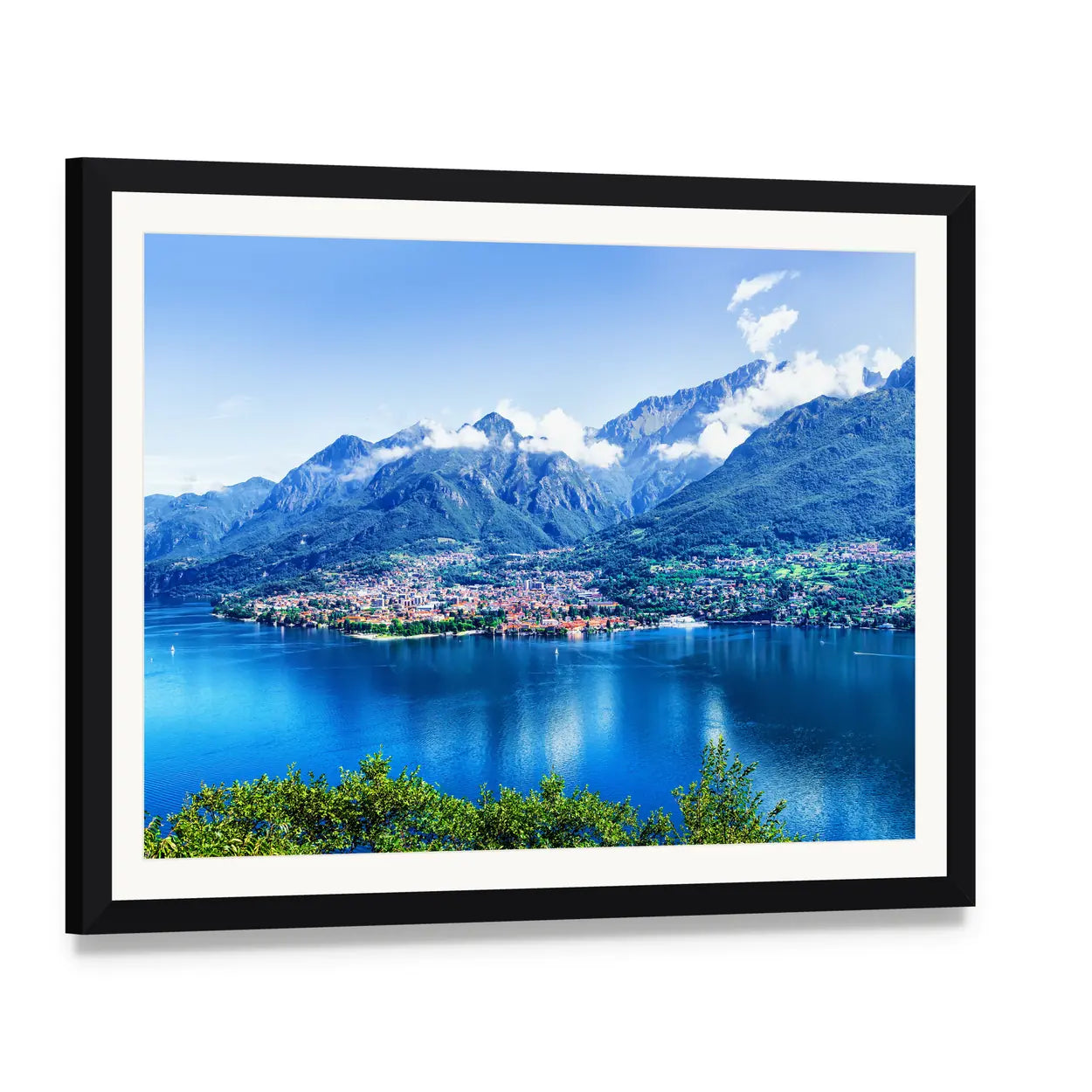 Lake Como Panorama Canvas Wall Art, framed print with white mat and black frame, angled product view