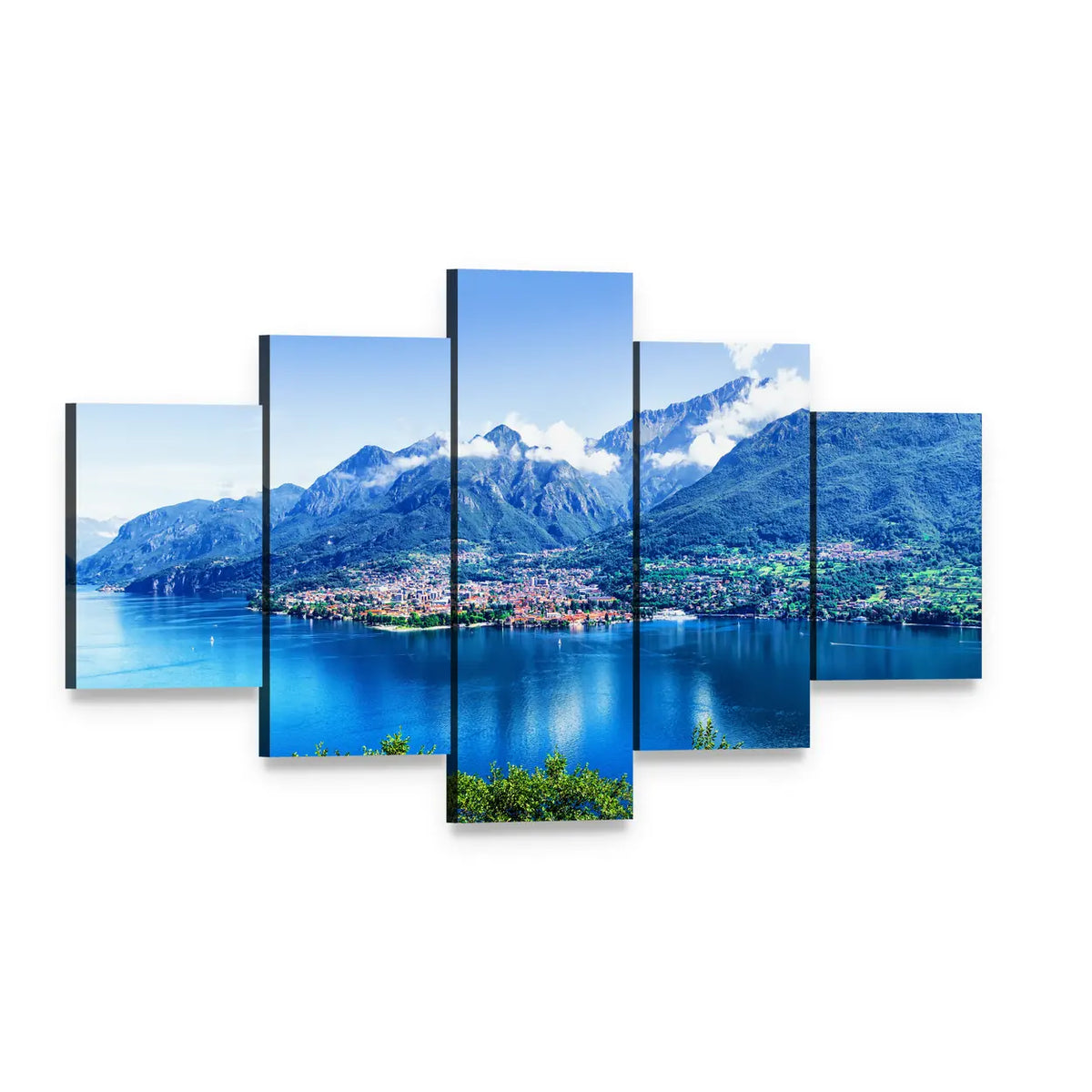 Lake Como Panorama Canvas Wall Art, 5 panel 5 Star layout gallery wrapped canvas set, angled product view