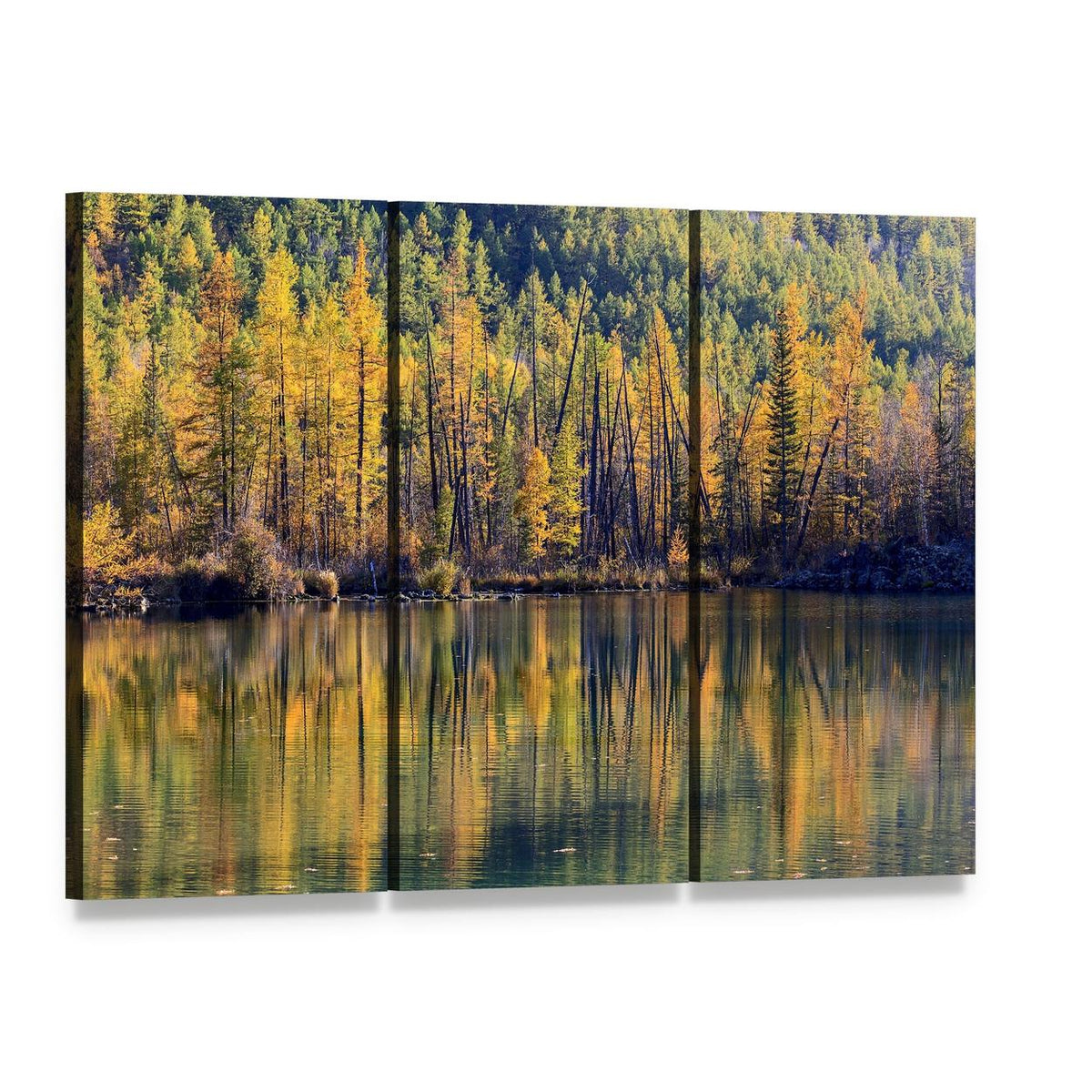 Autumn Forest Reflected in Lake Canvas Wall Art, 3 panel 3 Horizontal layout gallery wrapped canvas set, angled product view
