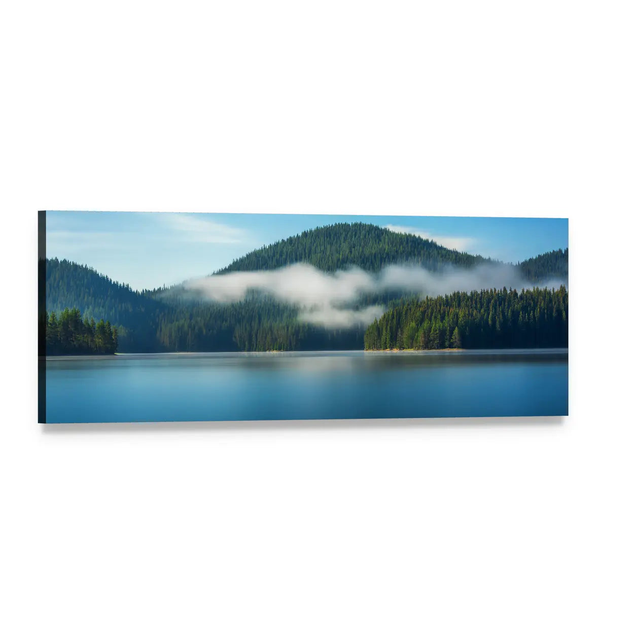 Misty Mountain Lake with Pines Panoramic Canvas Wall Art, single panel gallery wrapped canvas, angled product view