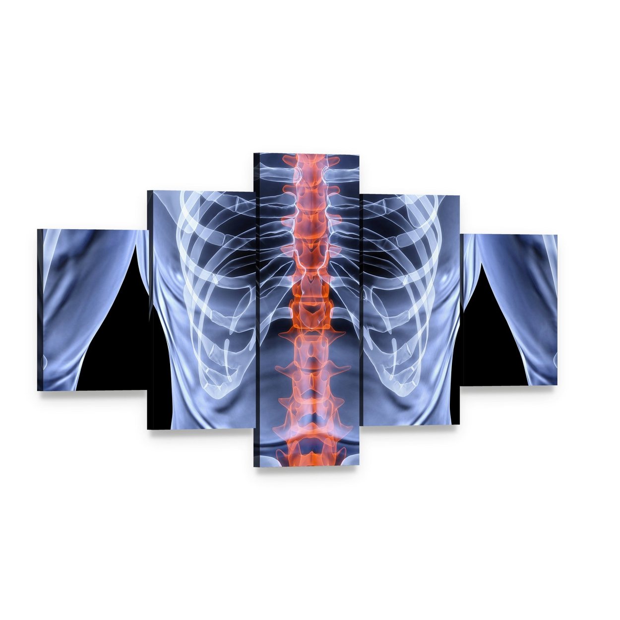 X-ray Male Spine with Glowing Red Vertebrae Canvas Wall Art, 5 panel 5 Star layout gallery wrapped canvas set, angled product view