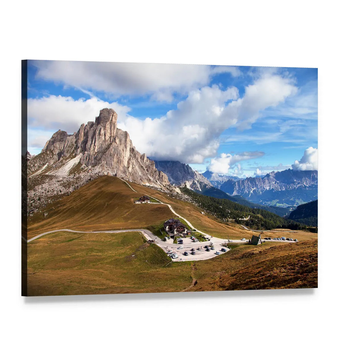 Mountain Range with Winding Road Canvas Wall Art, single panel gallery wrapped canvas, angled product view