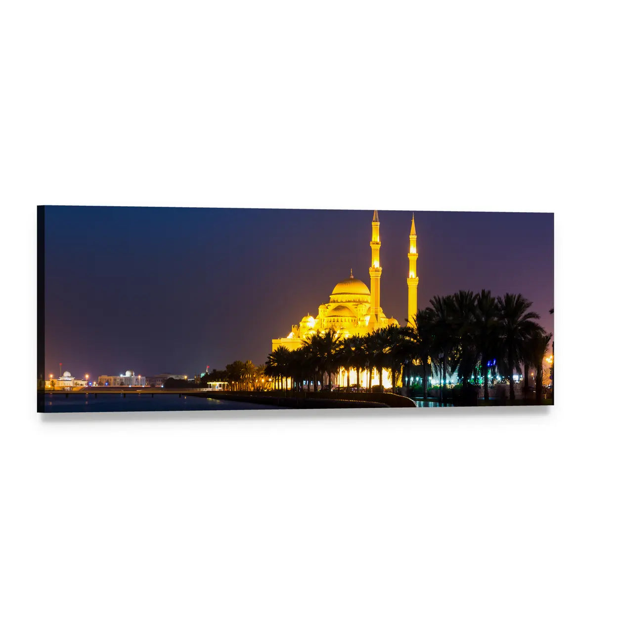 Al Noor Mosque Night Reflection Panoramic Canvas Wall Art, single panel gallery wrapped canvas, angled product view