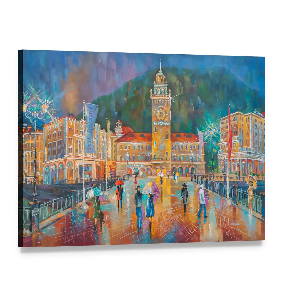 Rainy City Square with Clock Tower Canvas Wall Art, single panel gallery wrapped canvas, angled product view
