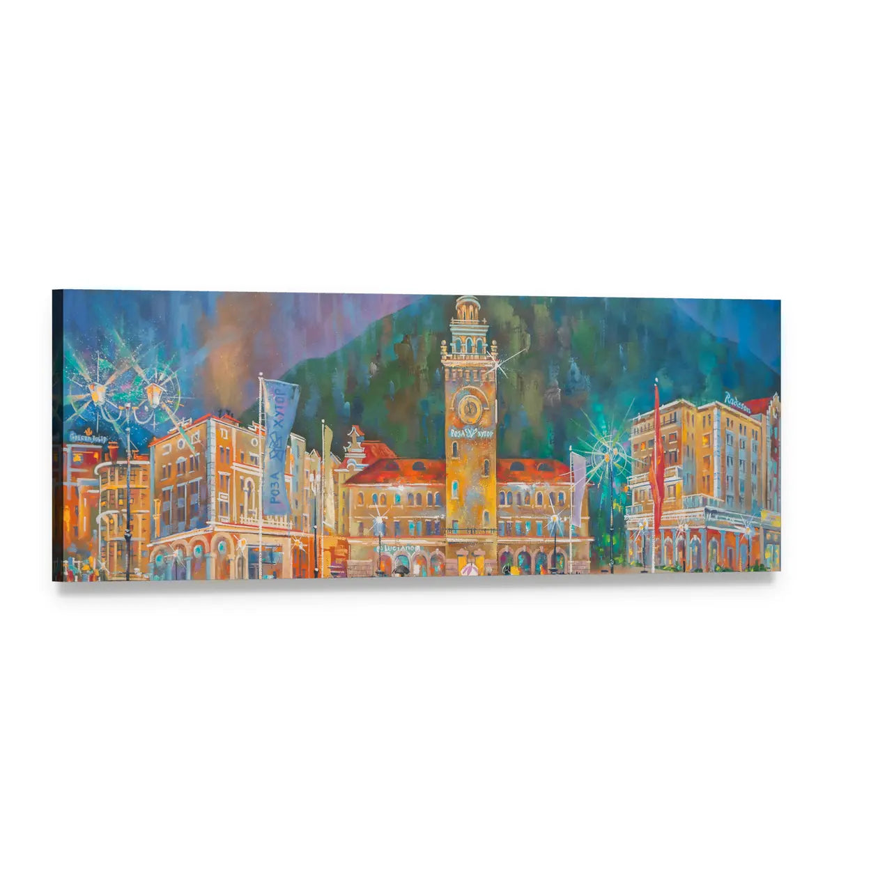 Night Festival Clock Tower Cityscape Panoramic Canvas Wall Art, single panel gallery wrapped canvas, angled product view