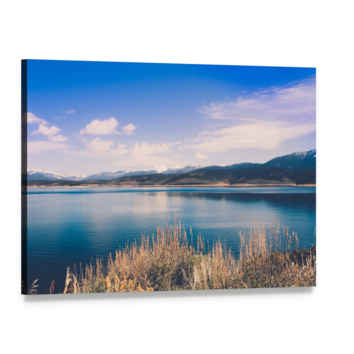 Lake Granby with Snow-capped Mountains Canvas Wall Art, single panel gallery wrapped canvas, angled product view