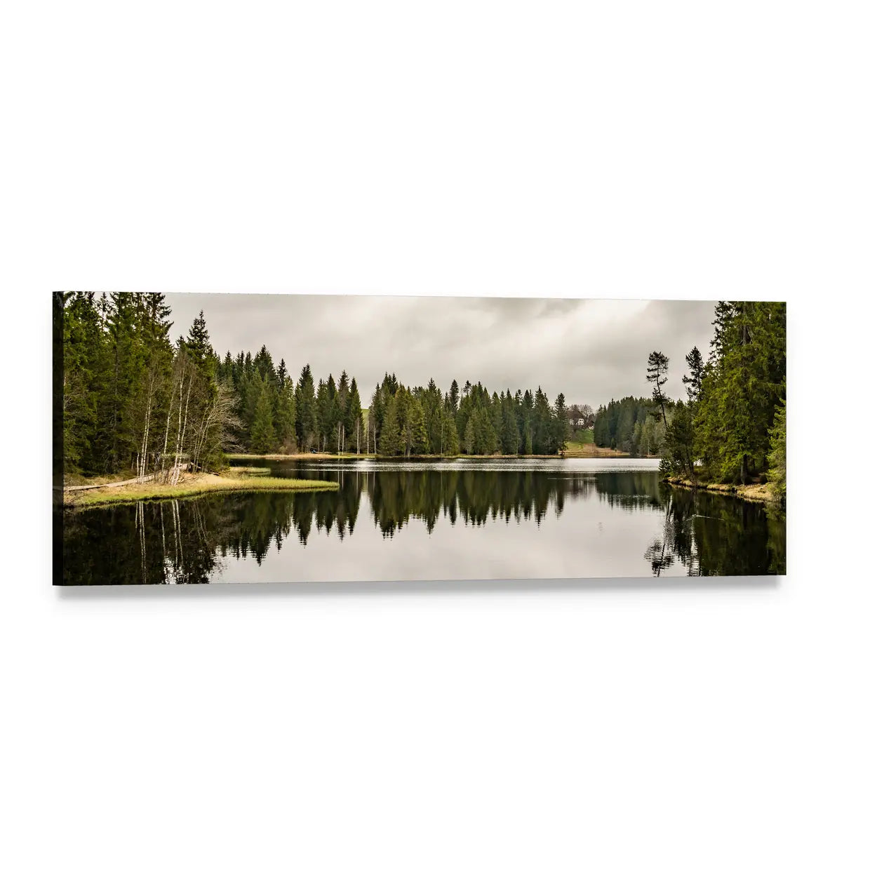 Mystery Lake and Pine Forest Panoramic Canvas Wall Art, single panel gallery wrapped canvas, angled product view