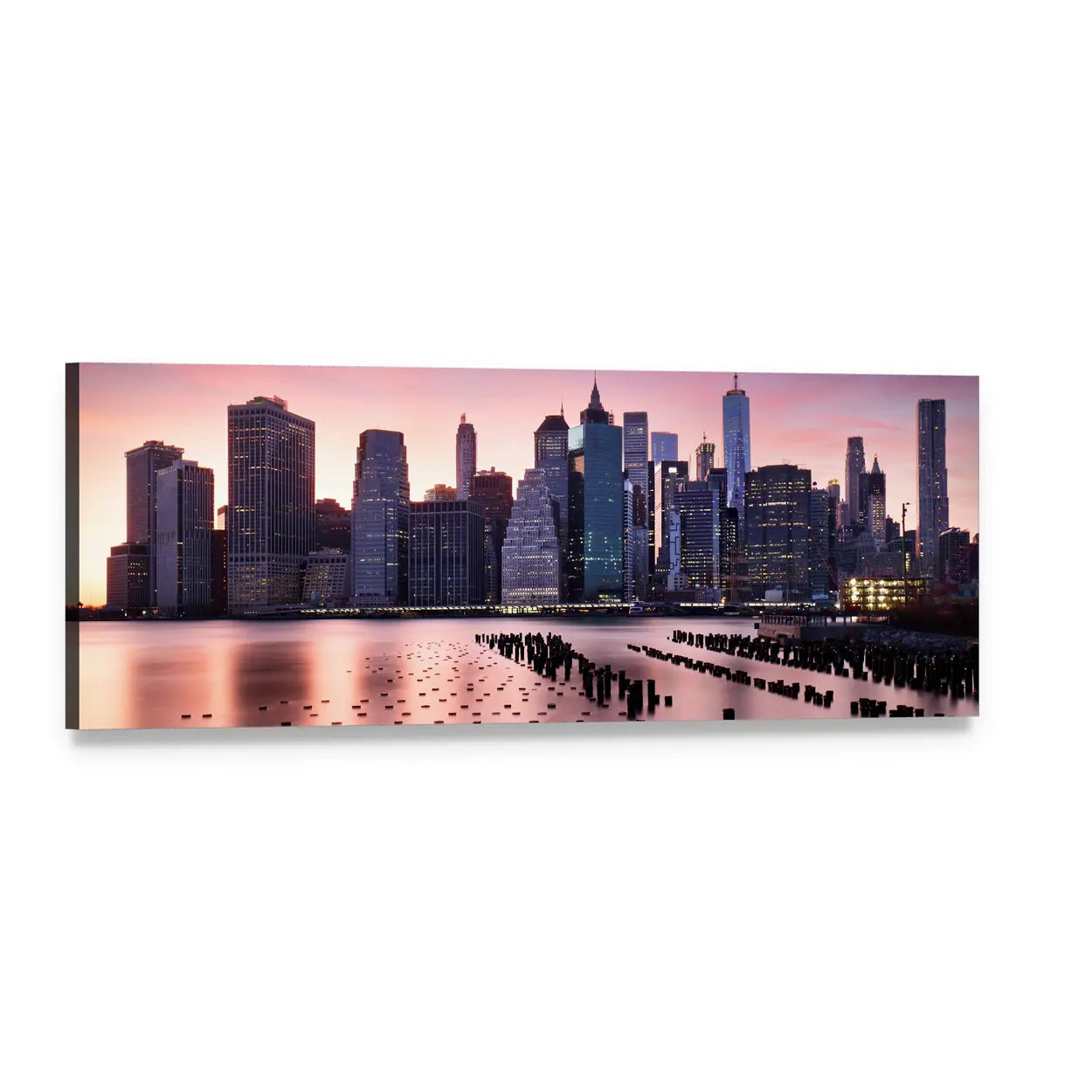 New York Skyline with One World Trade Center Panoramic Canvas Wall Art, single panel gallery wrapped canvas, angled product view