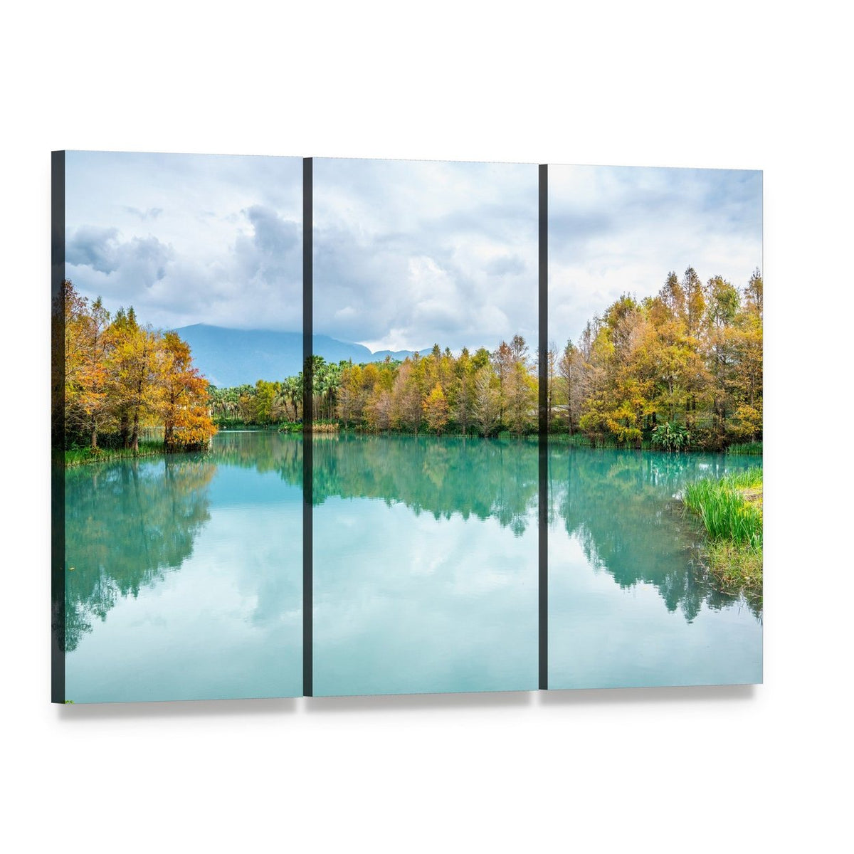 Green Lake with Tree Reflections Canvas Wall Art, 3 panel 3 Horizontal layout gallery wrapped canvas set, angled product view