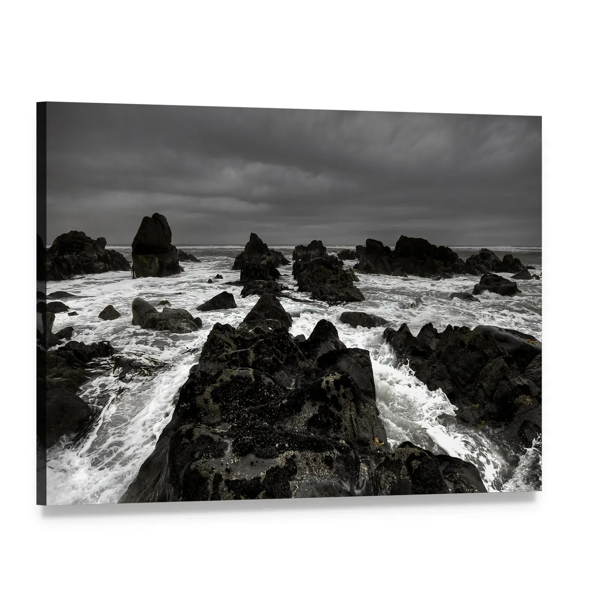 Crashing Waves on Rocky Coastline Canvas Wall Art, single panel gallery wrapped canvas, angled product view