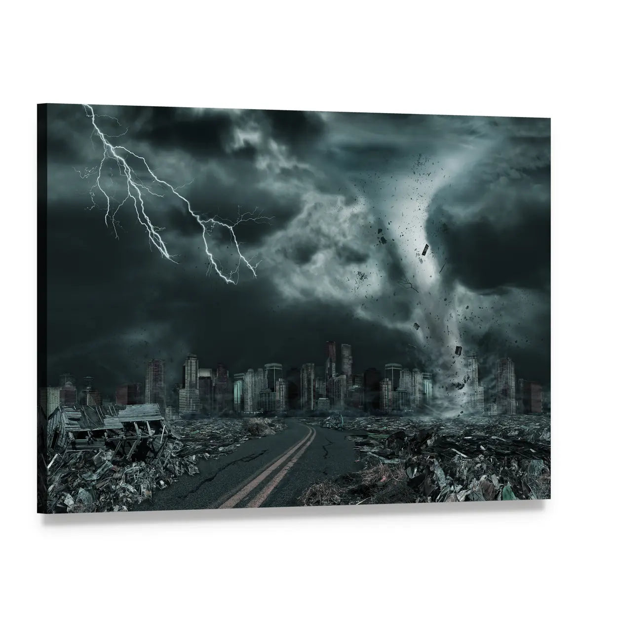 Tornado Over Ruined City Skyline Canvas Wall Art, single panel gallery wrapped canvas, angled product view