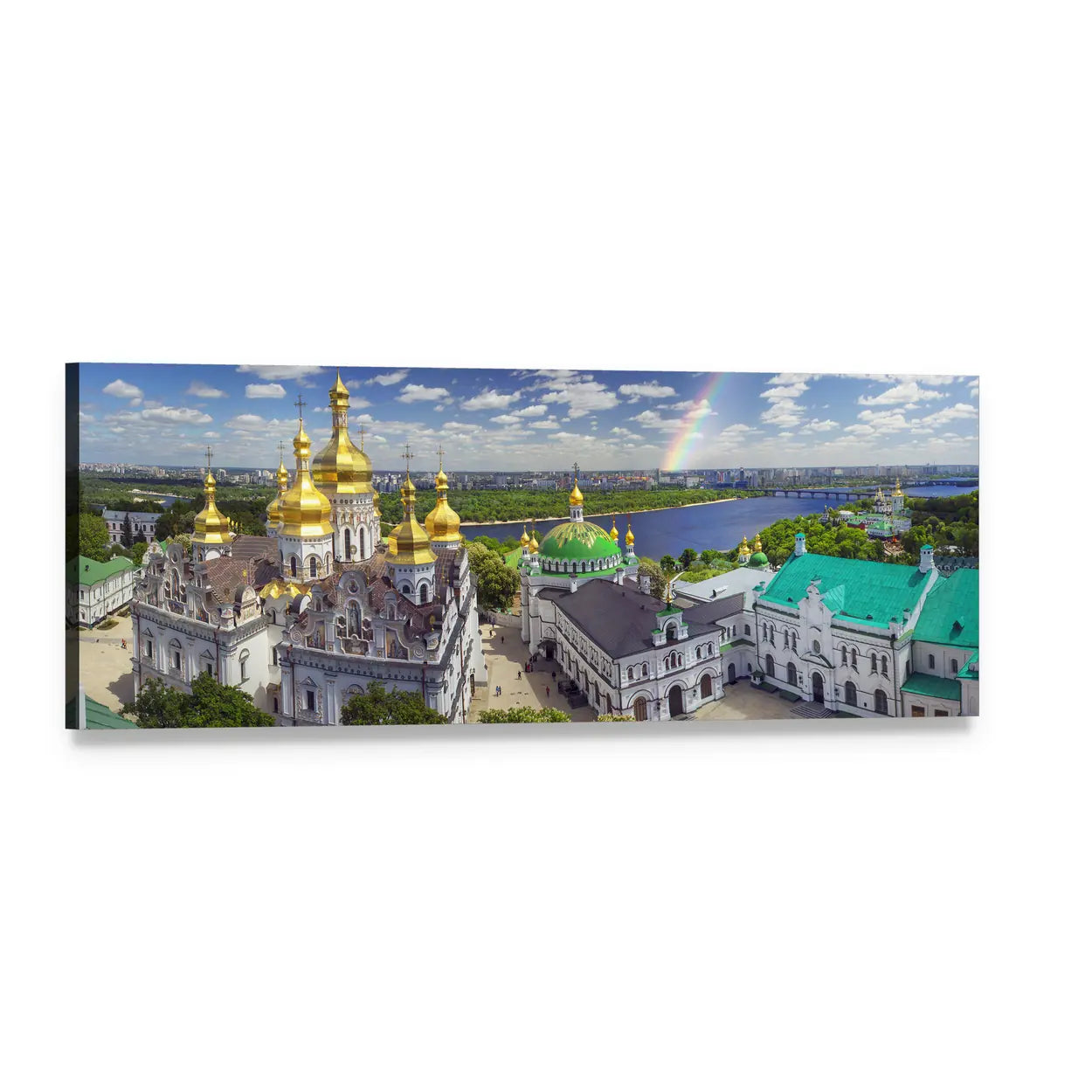 Kyiv Pechersk Lavra Golden Domes Panoramic Canvas Wall Art, single panel gallery wrapped canvas, angled product view