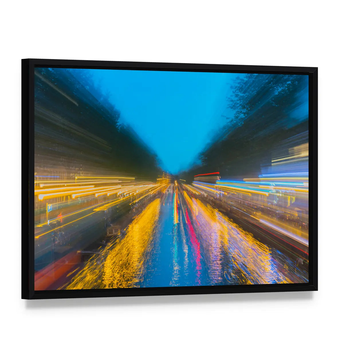 Urban Night Travels Canvas Wall Art, framed canvas in a black floater frame, angled product view