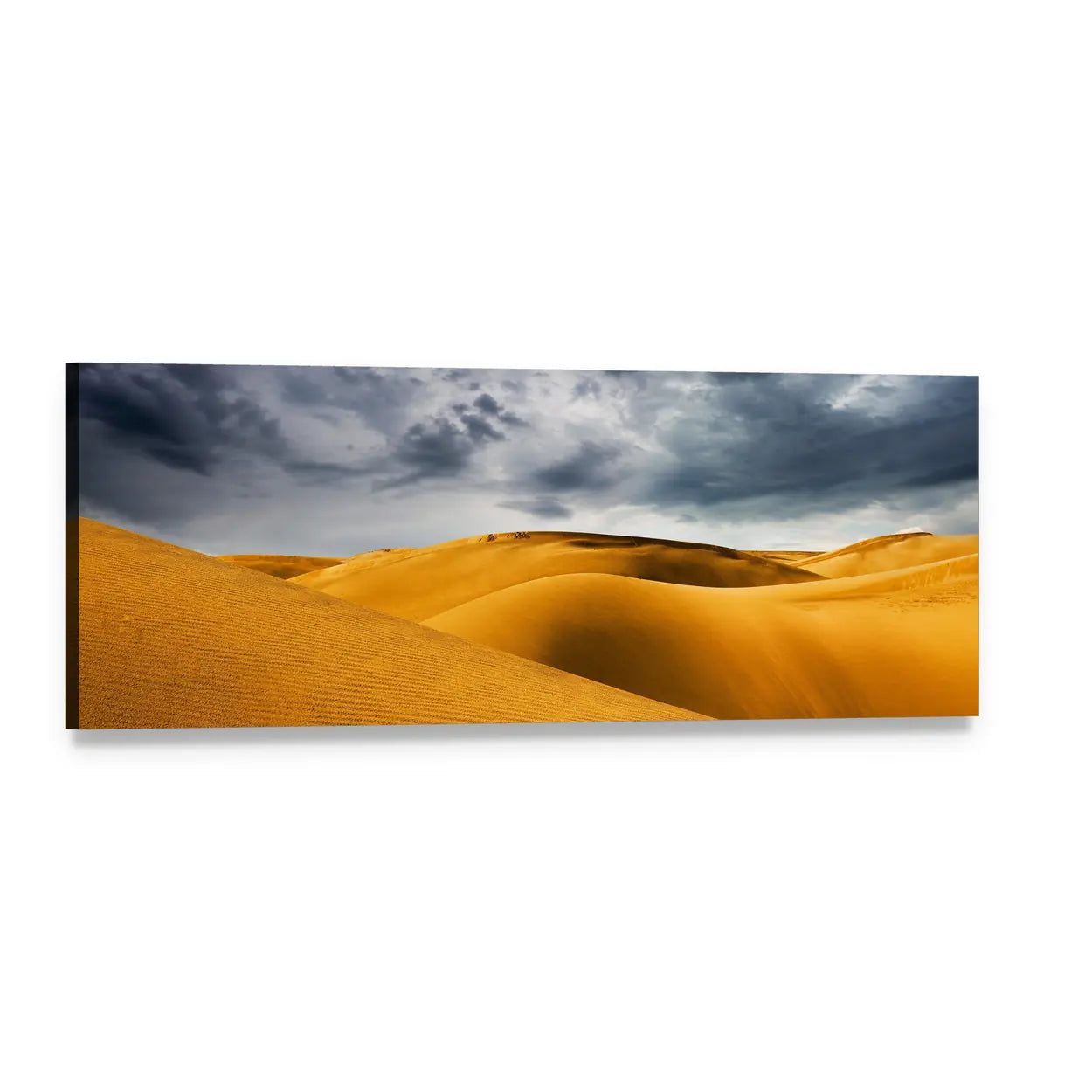 Golden Desert Dunes Under Stormy Sky Panoramic Canvas Wall Art, single panel gallery wrapped canvas, angled product view