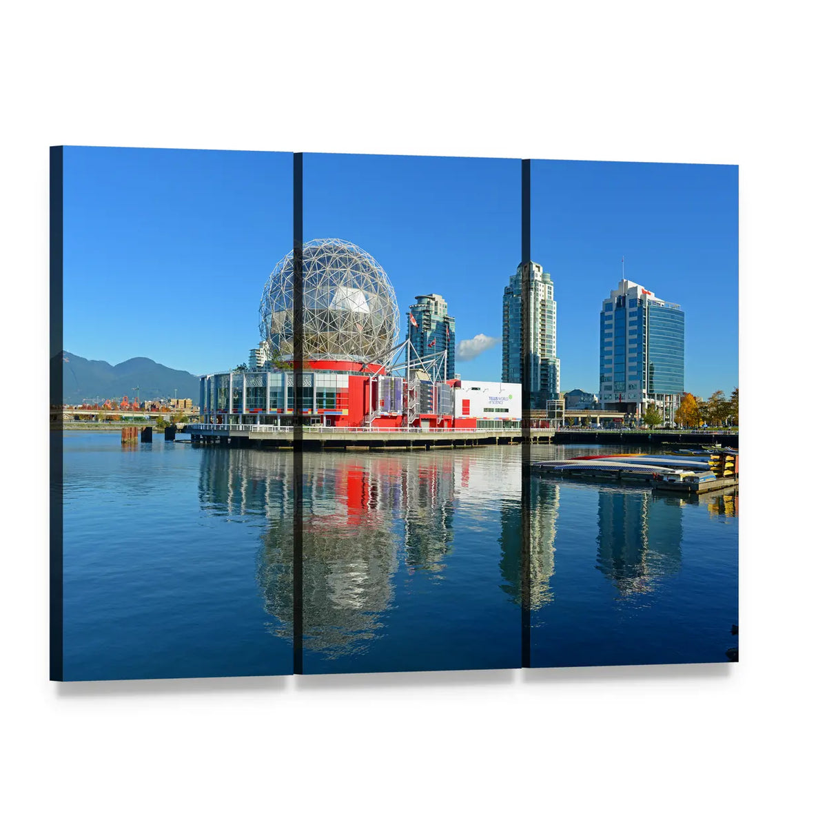 Science World Vancouver Waterfront Skyline Canvas Wall Art, 3 panel 3 Horizontal layout gallery wrapped canvas set, angled product view