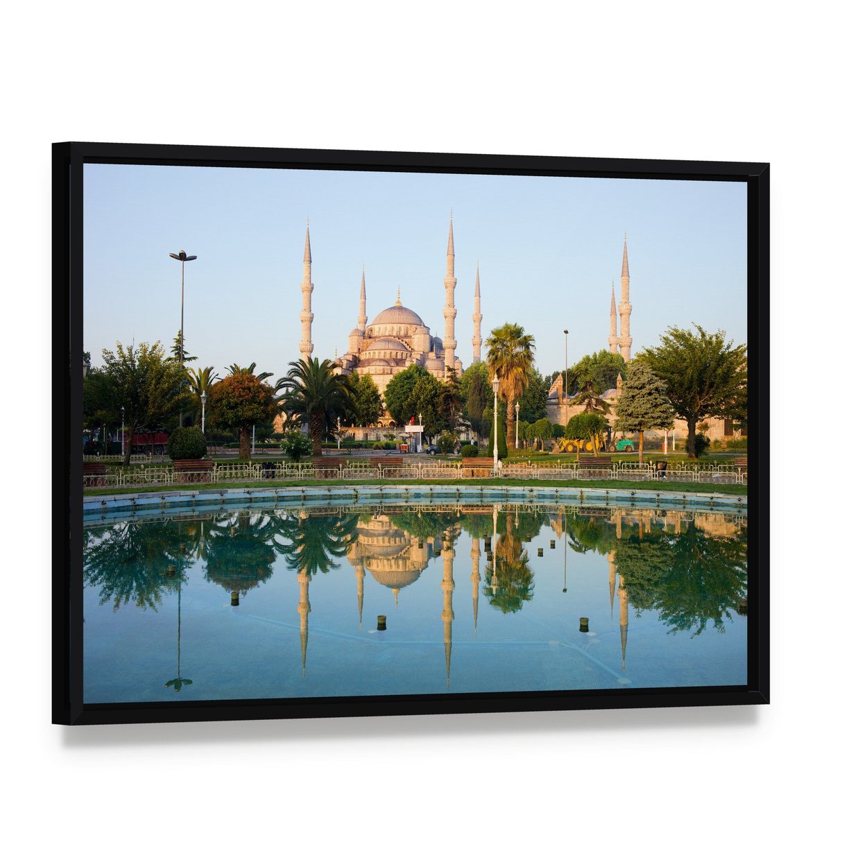 Sultan Ahmet Mosque Reflection in Istanbul Canvas Wall Art, framed canvas in a black floater frame, angled product view