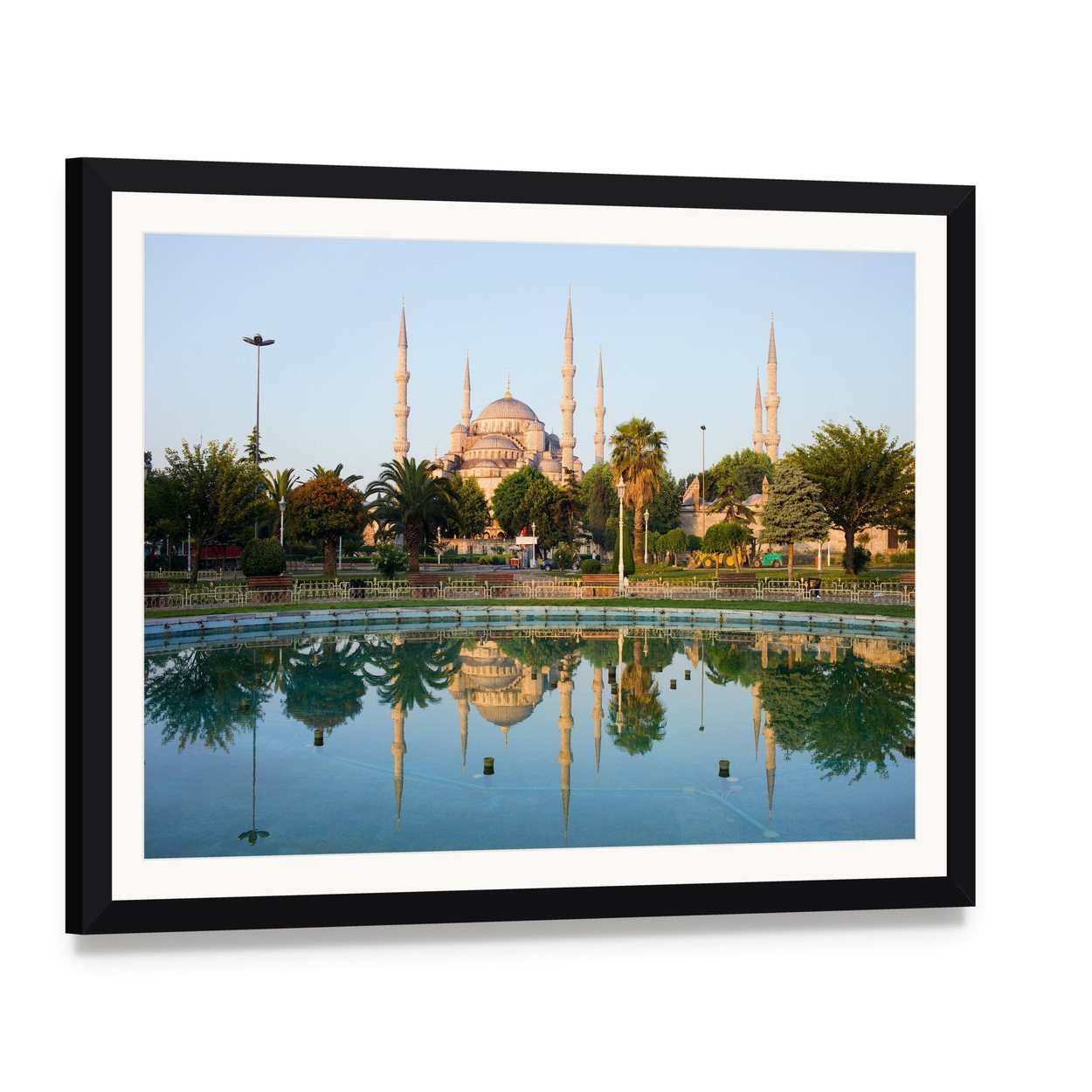 Sultan Ahmet Mosque Reflection in Istanbul Canvas Wall Art, framed print with white mat and black frame, angled product view