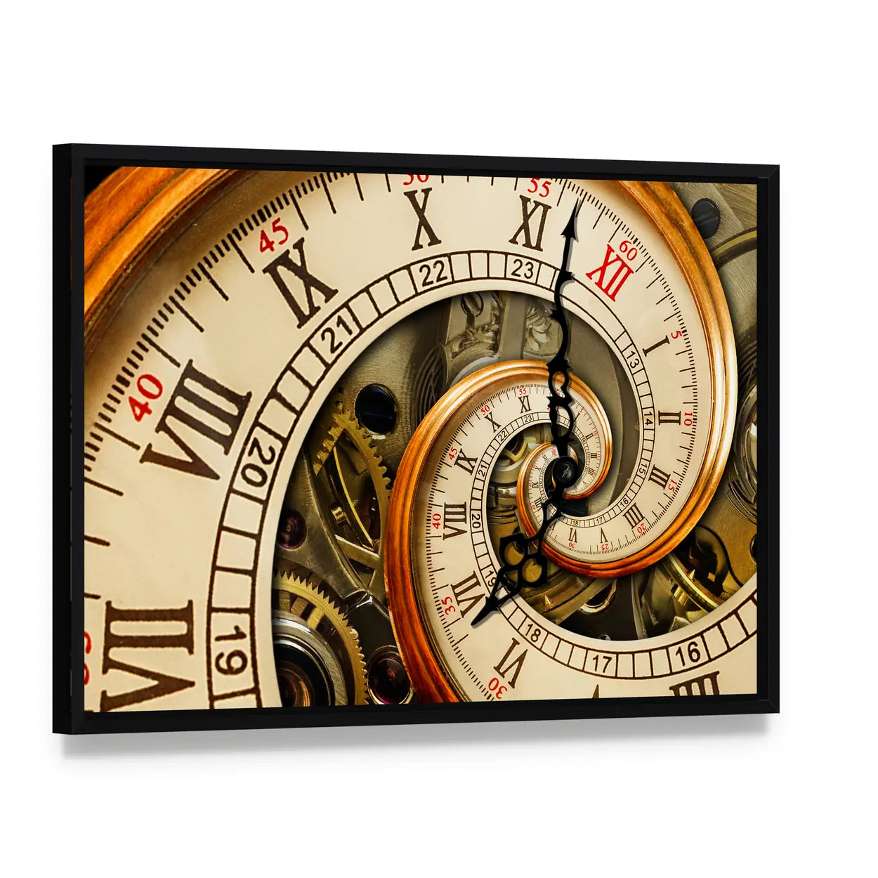Antique Old Clock Canvas Wall Art, framed canvas in a black floater frame, angled product view