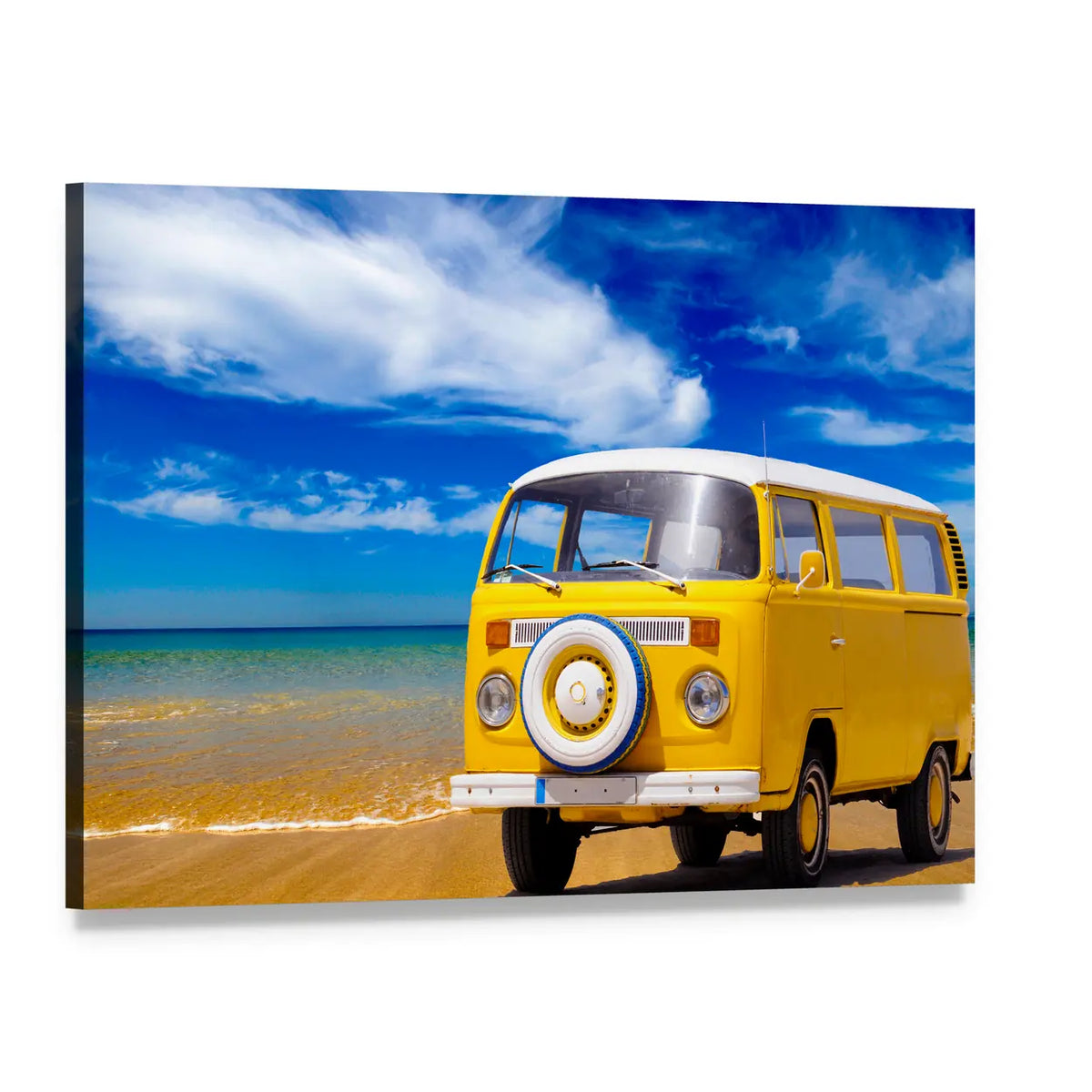 Yellow Vintage Van on Sandy Beach Canvas Wall Art, single panel gallery wrapped canvas, angled product view
