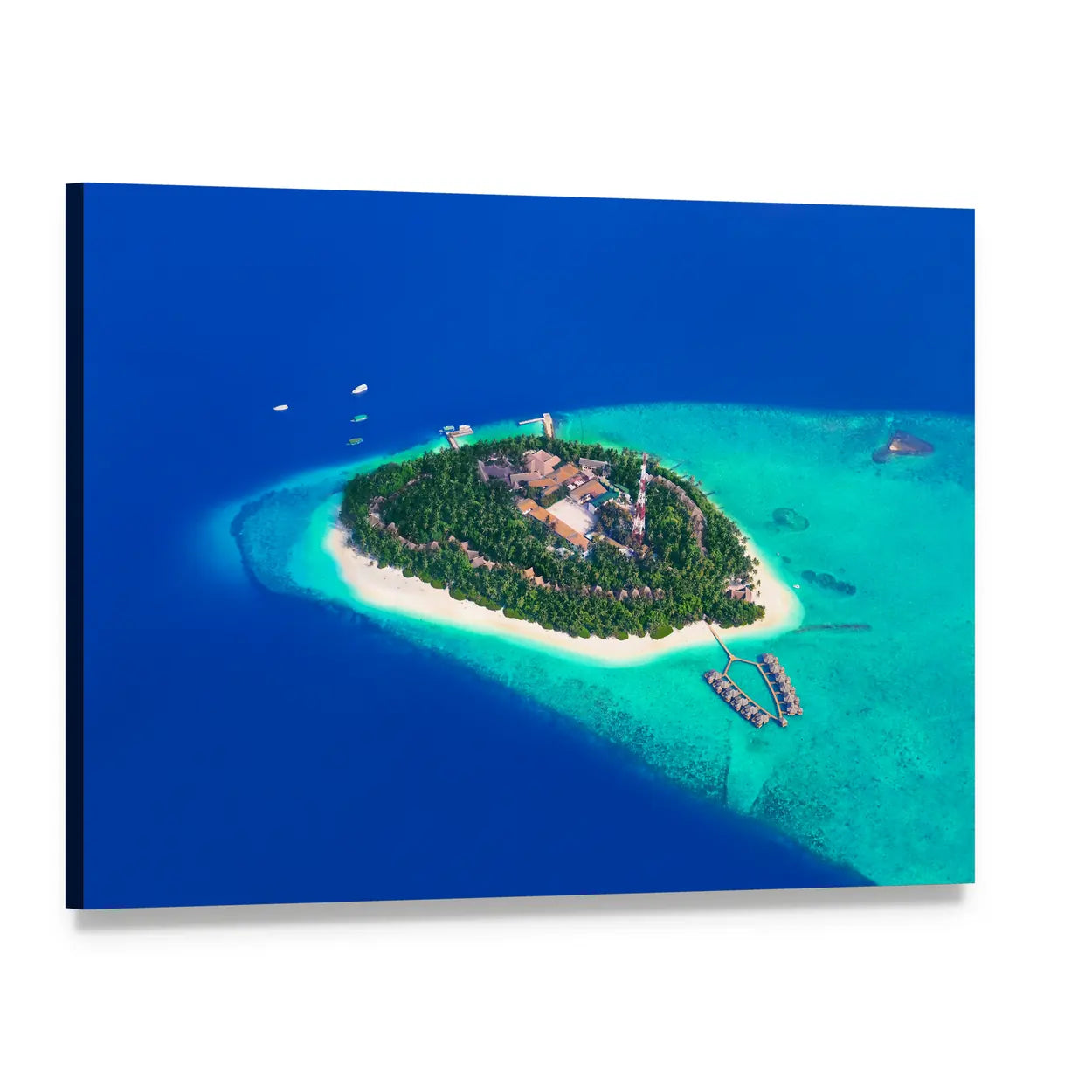 Aerial Tropical Island with Overwater Bungalows Canvas Wall Art, single panel gallery wrapped canvas, angled product view