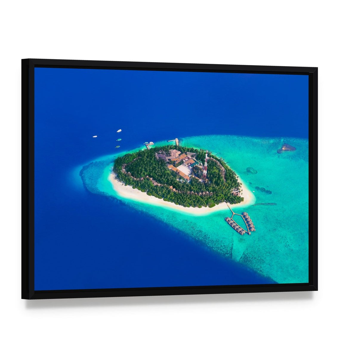 Maldives Tropical Island Aerial View Canvas Wall Art, framed canvas in a black floater frame, angled product view
