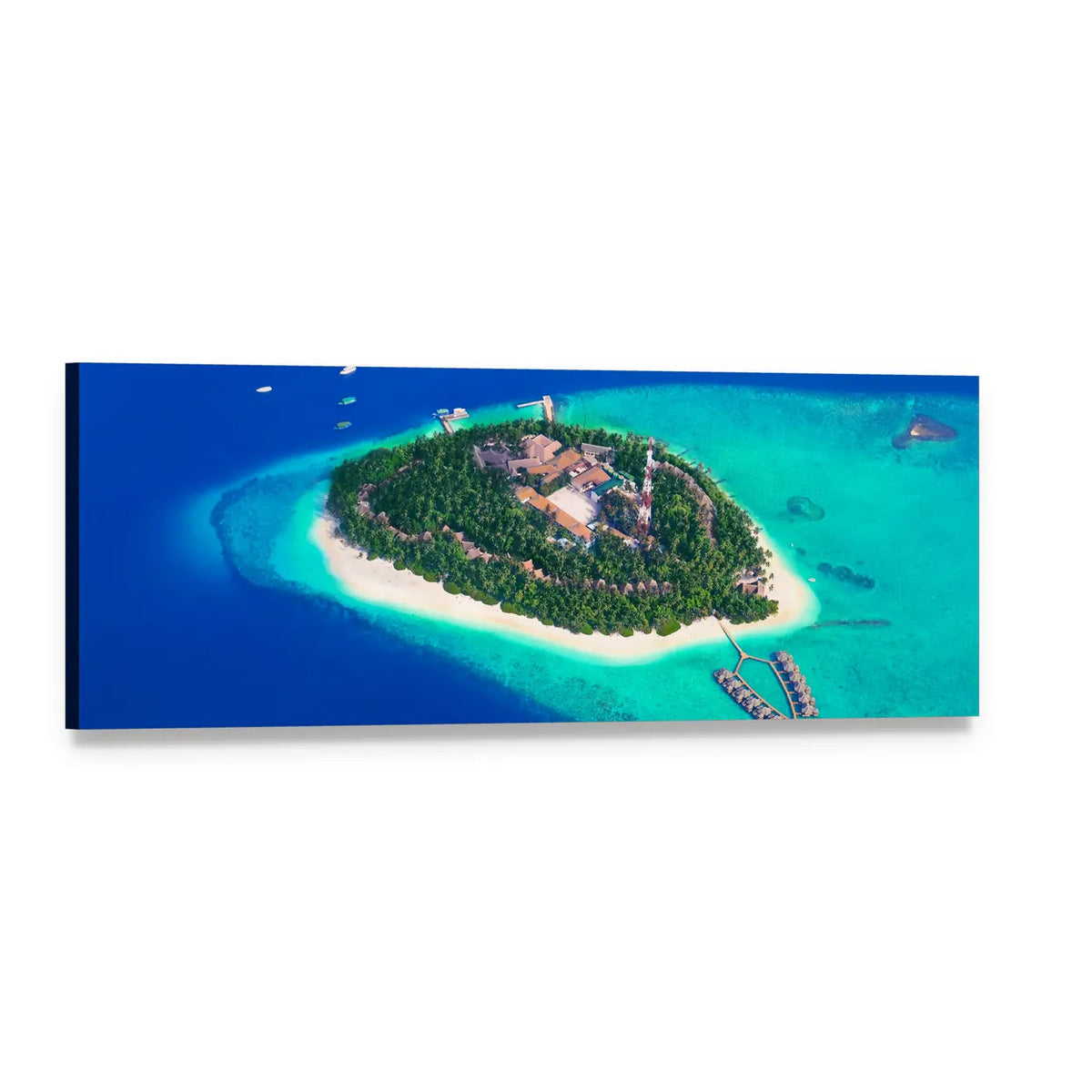 Maldives Aerial View with Overwater Bungalows Panoramic Canvas Wall Art, single panel gallery wrapped canvas, angled product view